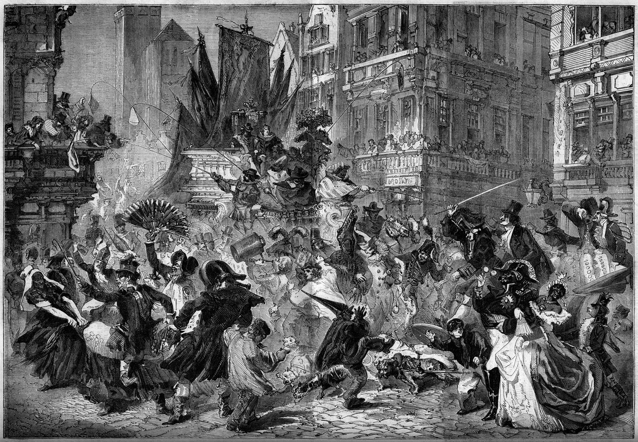 Cena de carnaval nas ruas de Antuérpia (Bélgica), em 1860. Gravura em "Le Monde Illustré" n°151 de 3 de Março de 1860. de French School