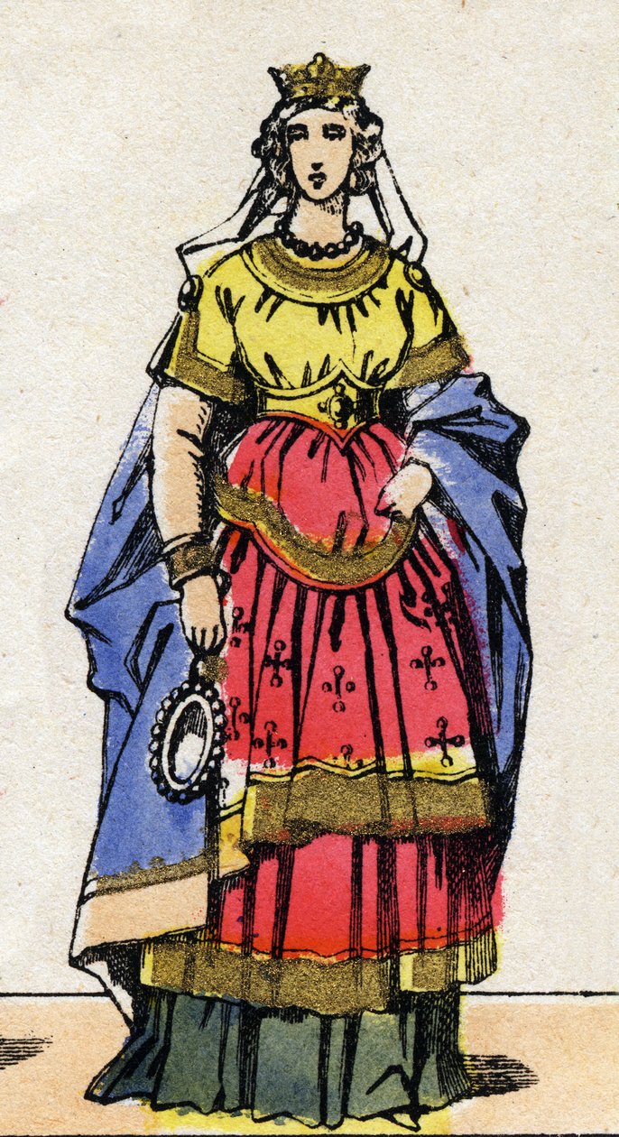 Dinastia Carolíngia: Retrato Emma da Itália (nee cerca de 948) Rainha de França esposa de Lothaire (941-986). Imagem epinal do final do século XIX. Coleção particular. de French School