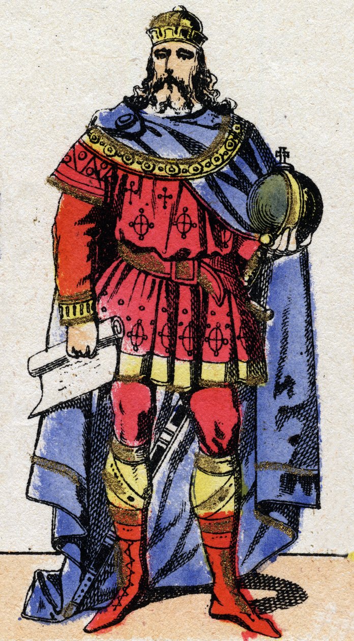 Dinastia Carolíngia: Retrato de Carlos, conhecido como o Grande ou Carlos Magno (Carolus Magnus, 742-814) imperador de 800 a 814. Imagem epinal do fim do século 19. Coleção particular. de French School