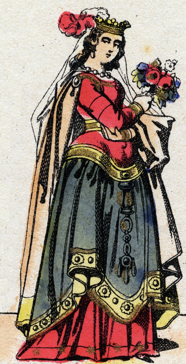 Dinastia Carolíngia: Retrato de Hildegarde de Vintzgau (v. 758-783) esposa de Carlos o Grande ou Carlos Magno (Carolus Magnus, 742-814). Imagem epinal do final do século XIX. Coleção particular. de French School