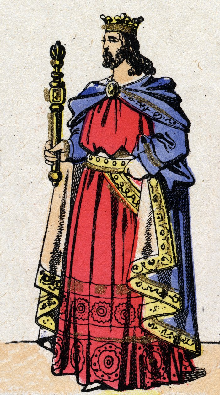 Dinastia Carolíngia: Retrato de Luís IV, conhecido como Outremer (921-954), Rei dos Francos de 936 a 954. Imagem epinal do final do século XIX. Coleção particular. de French School