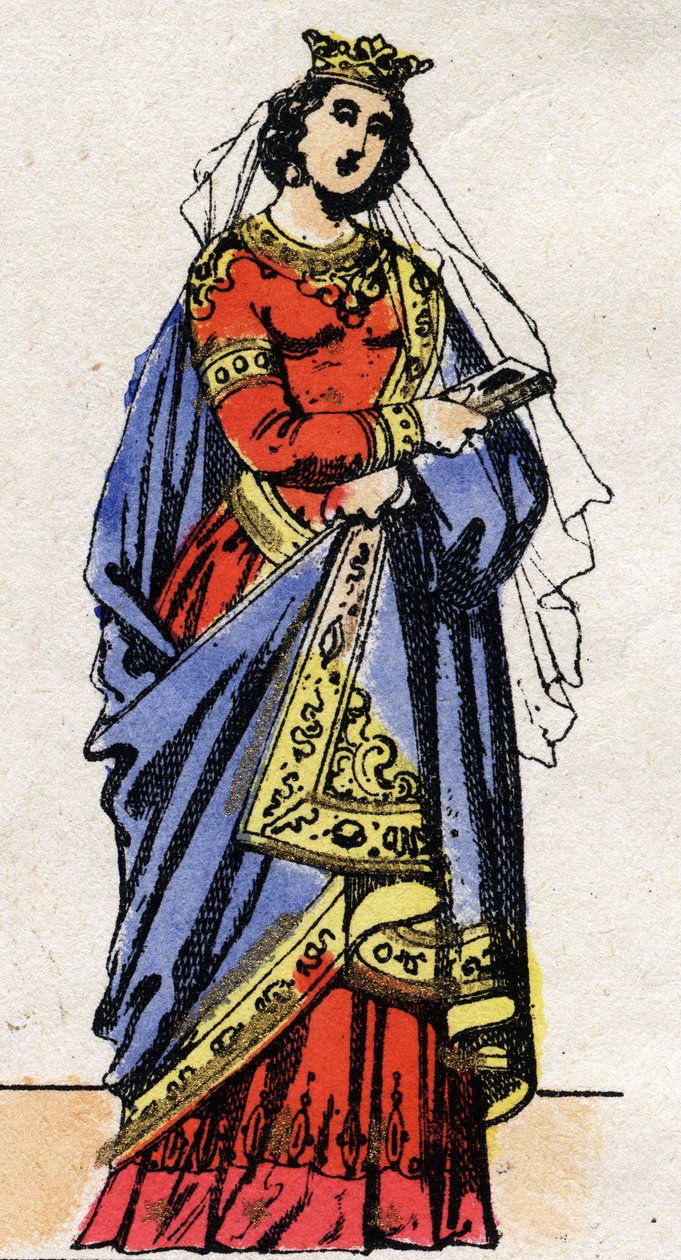 Dinastia Carolíngia: Retrato de Richarde Swabian (841-v. 896) Rainha dos Francos esposa de Charles III Le Gros (839-888). Imagem epinal do final do século XIX. Coleção particular. de French School