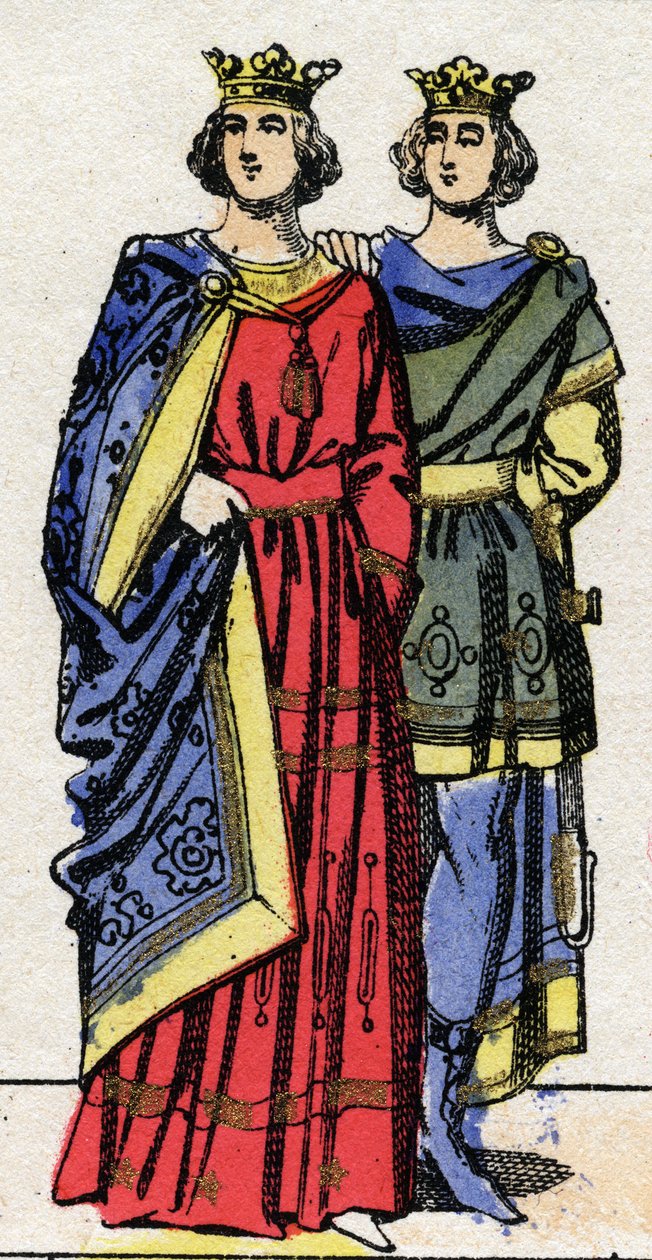 Dinastia Carolíngia: Retratos de Luís III (v. 863-882), rei dos Francos de 879 a 882 e de Carloman II (867-884), rei dos Francos de 879 a 884. Imagens epinais do final do século XIX. Coleção particular. de French School