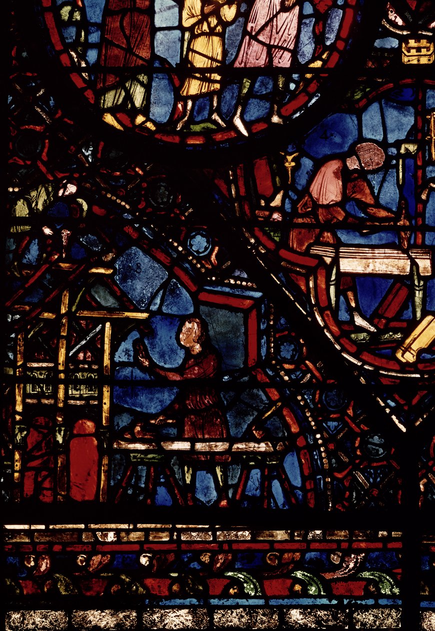 Carpinteiros no trabalho, detalhe da janela de vida de St. Julian the Hospitalary no norte ambulatory de French School