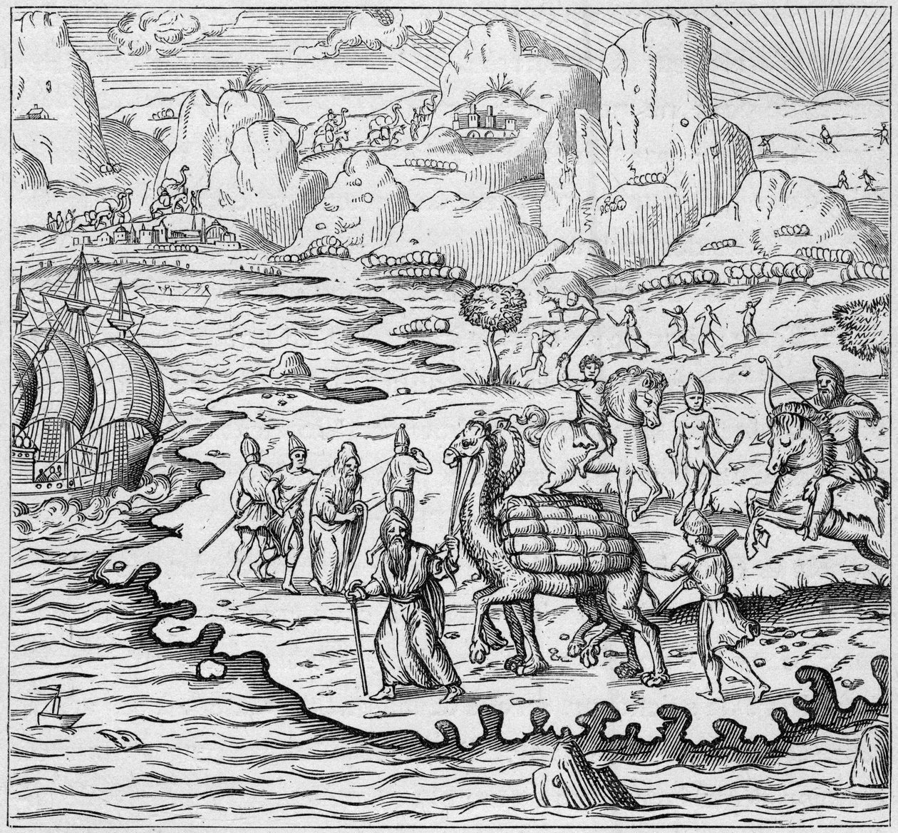 Transporte de mercadorias por camelo para carregamento de navios saindo do balcão grego em Alexandria para a Europa. Gravação em "La Marine et les colonies: commerce" (A Marinha e as colónias: comércio) de French School