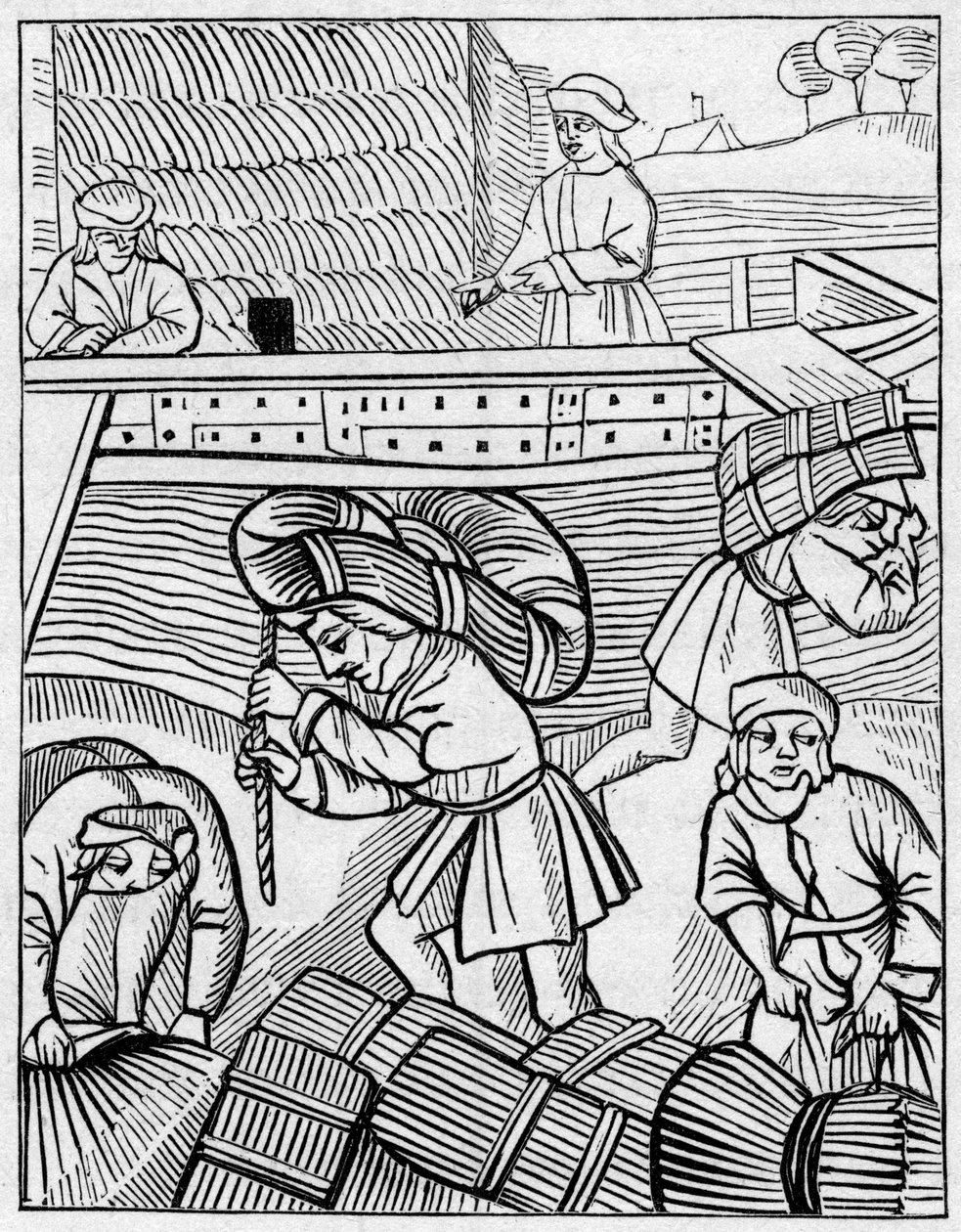 Portadores de feno na Idade Média. Gravura em "La Marine et les colonies: comércio". de French School