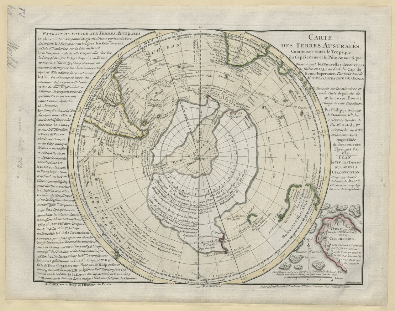 Mapa dos Territórios do Sul entre o Trópico de Capricórnio e o Polo Antárctico...no mapa de M. de Lozier Bouvet, de P. Buache