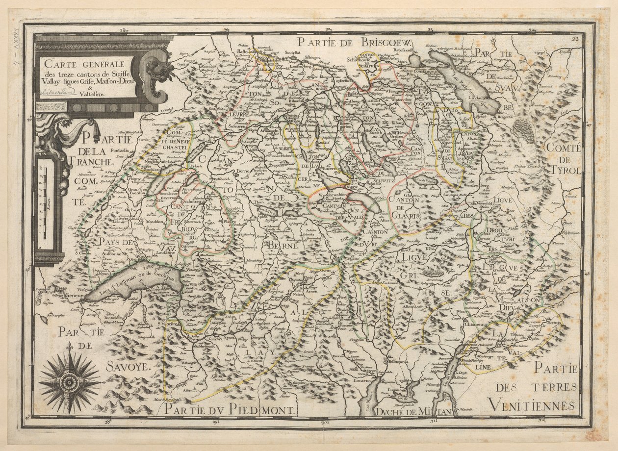 Mapa geral dos treze cantões da Suíça, Vallay, Ligues, Grise, Maison-Dieu e Valteline de French School
