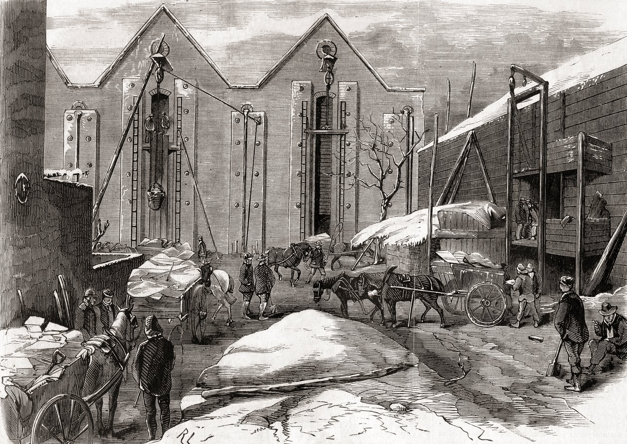 Transporte de gelo nos armazéns de gelo do Sr. Charles, Lindsey House, Londres, de "L