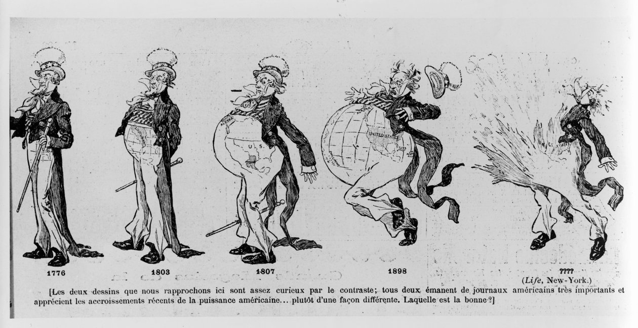 Desenhos animados comentando sobre as aquisições de terras dos Estados Unidos da América, ilustração de Le Rire, 4 de março de 1895 de French School
