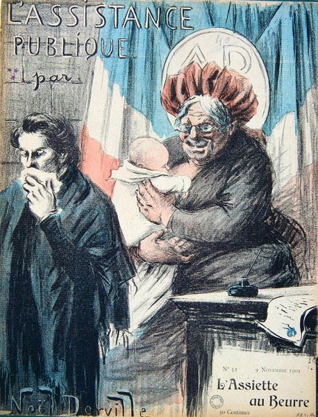 Desenho animado criticando a Assistance Publique, caricatura da 