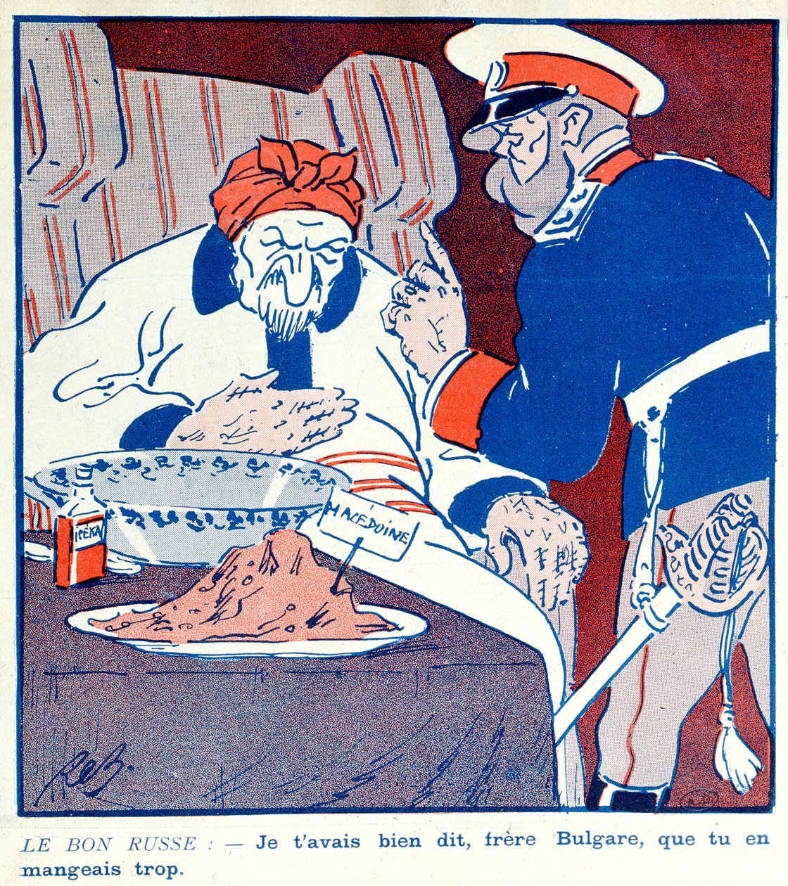 Cartoon criticando o comportamento ganancioso da Bulgária sobre a partição da Macedônia durante as Guerras dos Balcãs 1912-13 de French School