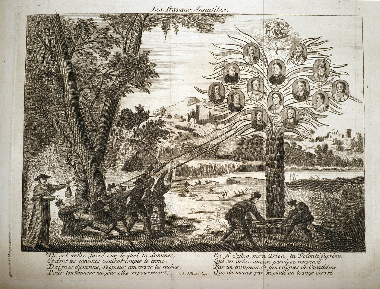 Desenho animado representando os jesuítas tentando derrubar a Árvore do Jansenismo, de French School