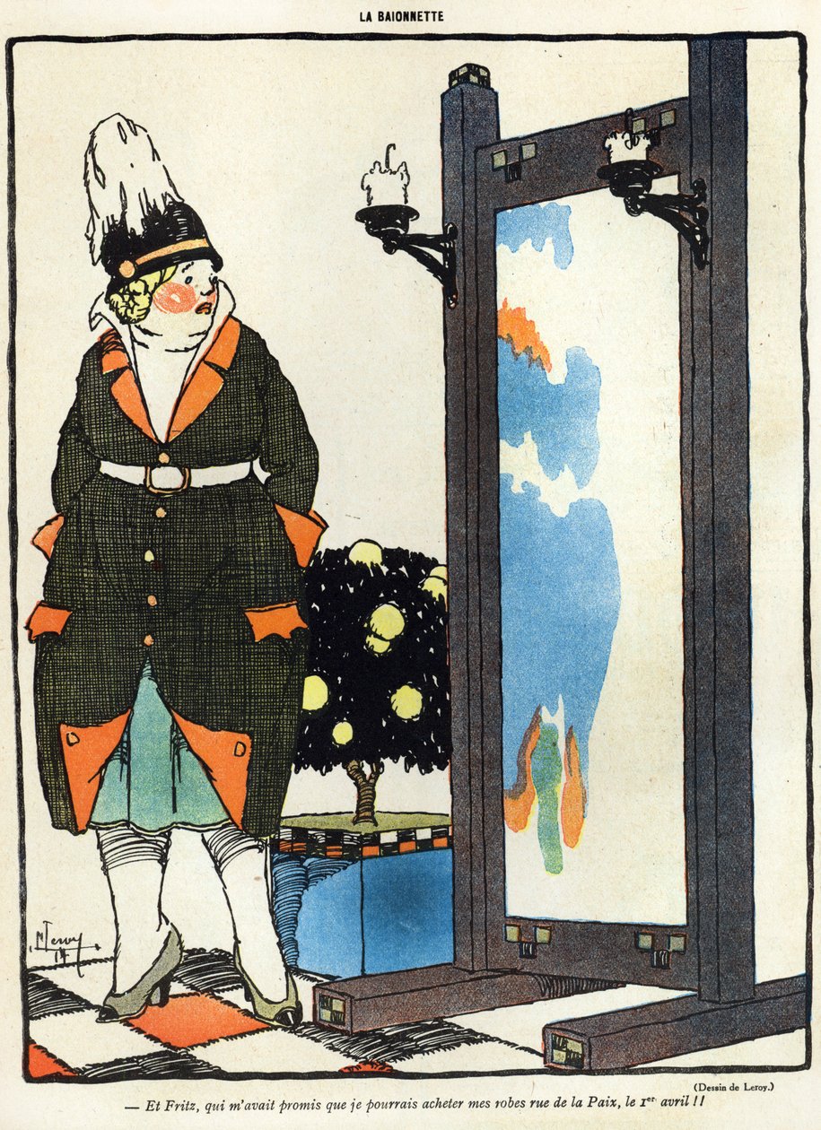 Cartoon retratando uma senhora alemã decepcionada por não poder comprar suas roupas novas em Paris, na rue de la Paix, da edição de abril da revista La Baionette, edição de abril de Fools (Poisson dAvril). de French School
