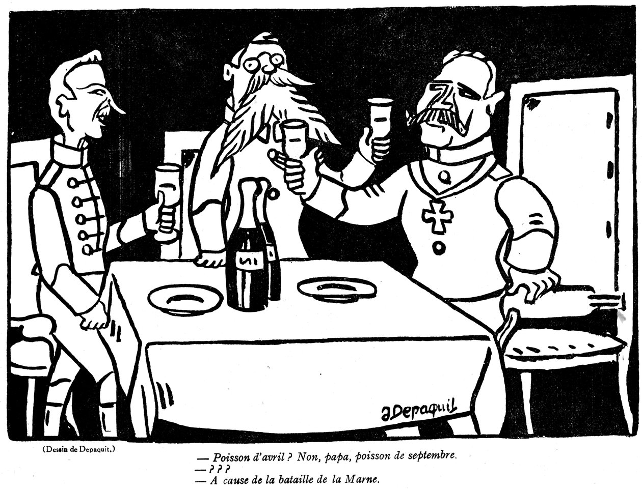 Cartoon representando um soldado alemão e seu pai com uma alusão satírica ao desastre alemão do Marne, da edição de abril da revista La Baionette, em 29 de março de 19 de French School