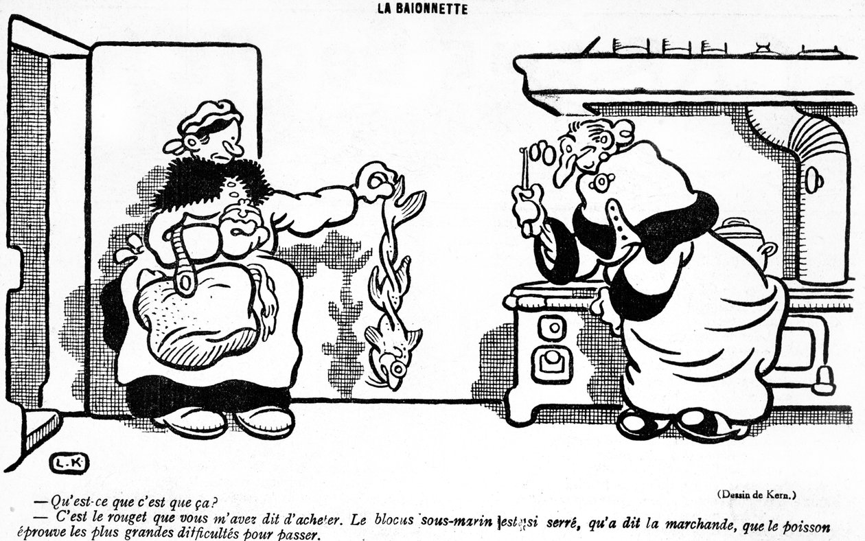 Desenho animado representando o efeito desastroso do bloqueio submarino em um peixe comprado em um mercado francês, da edição de abril da revista La Baionette de 29 de março de 1917. de French School