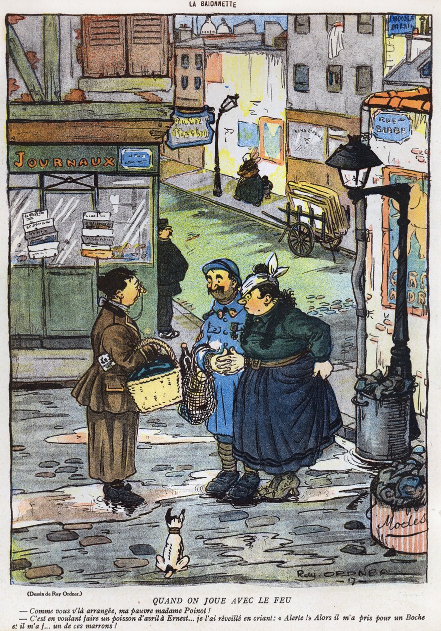 Cartoon mostrando o resultado de uma esposa tentar enganar seu marido, da edição de abril da revista La Baionette, em 29 de março de 1917. de French School