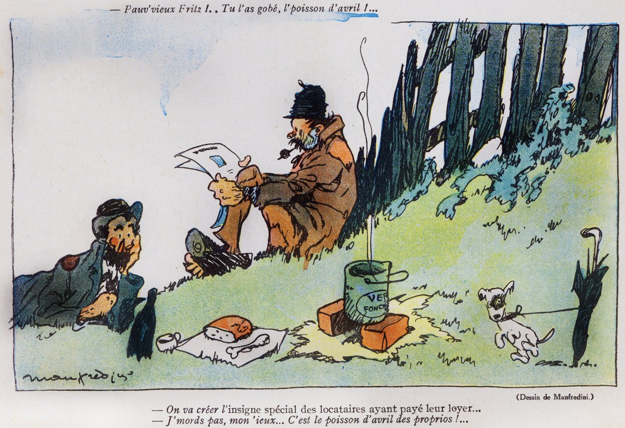 Cartoon retratando dois vagabundos da edição de abril da revista La Baionette, em 29 de março de 1917. de French School