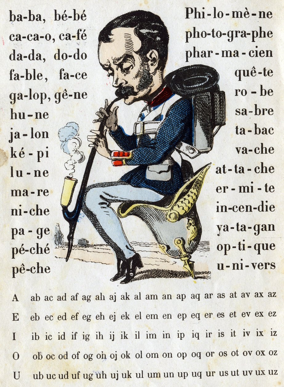 Desenho animado num fato de navio de guerra prussiano. ABC militar (alfabeto - abecedário). Imagem de Epinal de French School