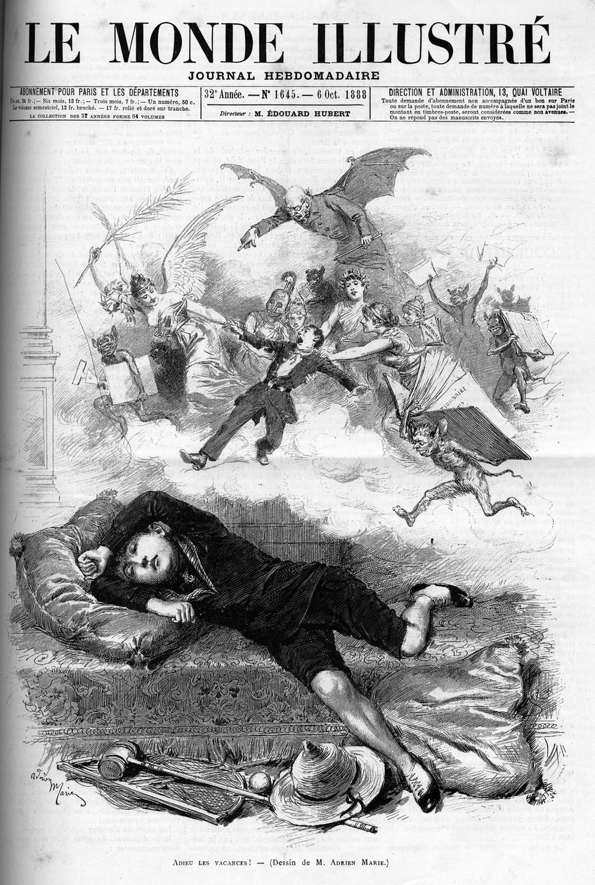 Desenho animado de um jovem estudante reprovando a partir do final das férias que se aproximam do aluguel da classe em 1888. de French School