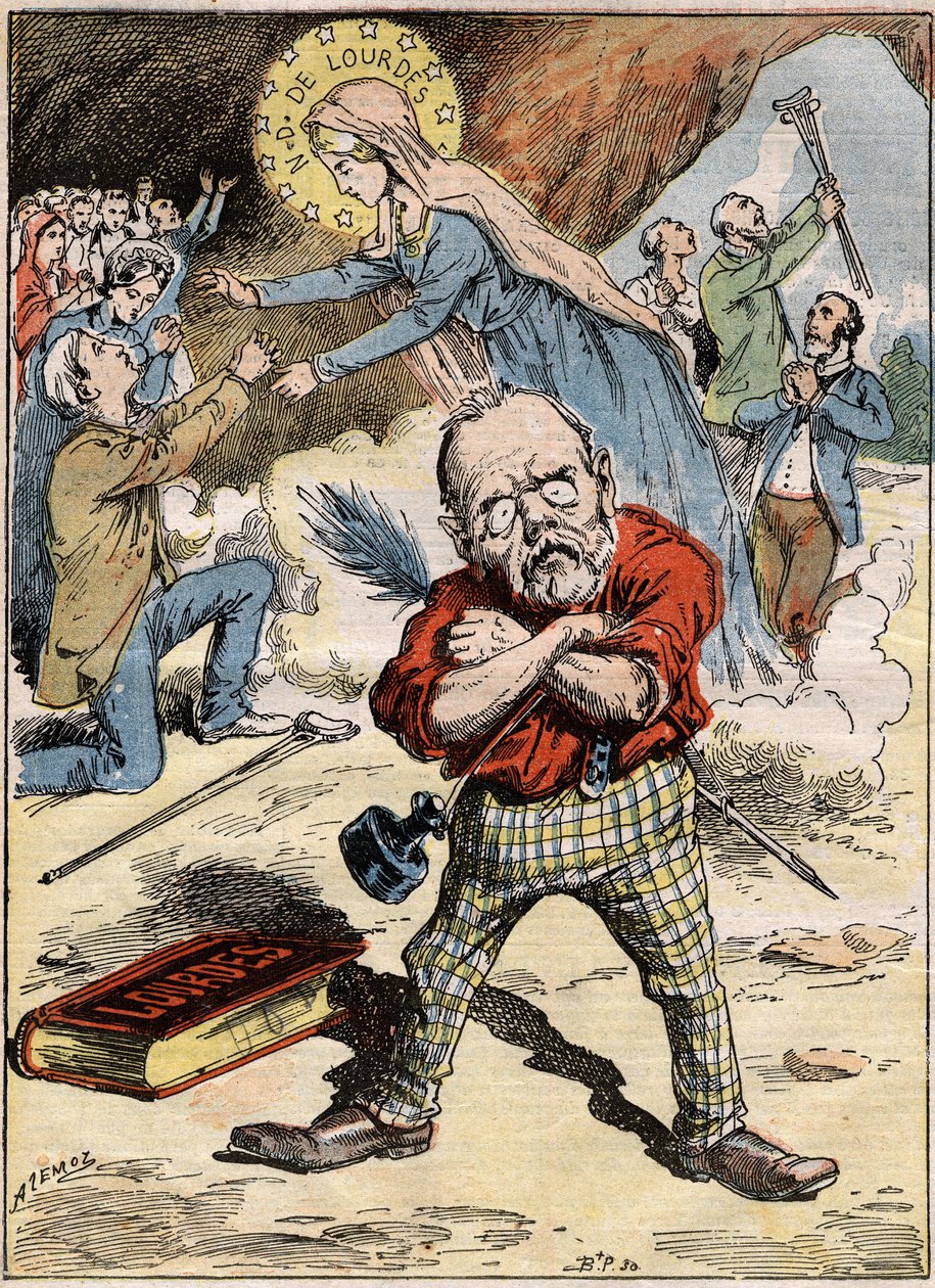 Desenho animado do escritor Emile Zola (1840-1902) que está perplexo com a devoção dos fiéis em Lourdes, apesar das suas críticas ao tema expressas no seu romance "Lourdes". Gravura em "Le Pelerin", de 30 de agosto de French School