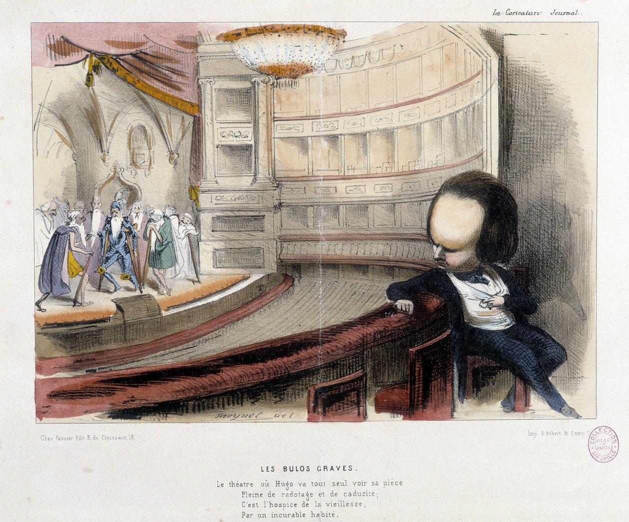 Cartoon sobre Victor Hugo e o teatro - litografia de French School