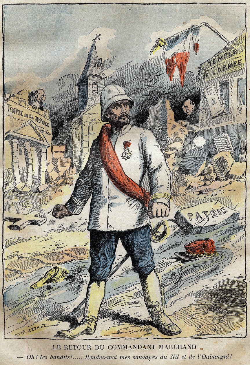 Desenho animado sobre o comandante Jean-Baptiste (Jean Baptiste) Marchand (1863-1934), em Toulon, retornando de uma missão de exploração (1896-1899) na África. Gravura em "Le Pelerin" 4/06/1899. de French School