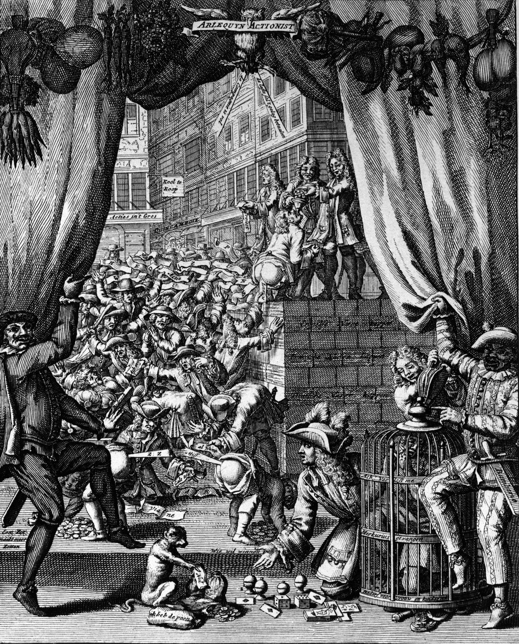 Desenho animado sobre o sistema de John Law, rue Quincampoix - John Law de Lauriston (1671- 1729). gravura de French School