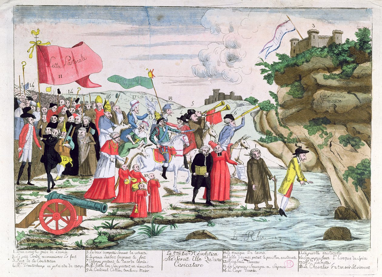 Cartoon ridicularizando o clero e os aristocratas franceses que se refugiaram na Alemanha durante a Revolução, c.1792 de French School