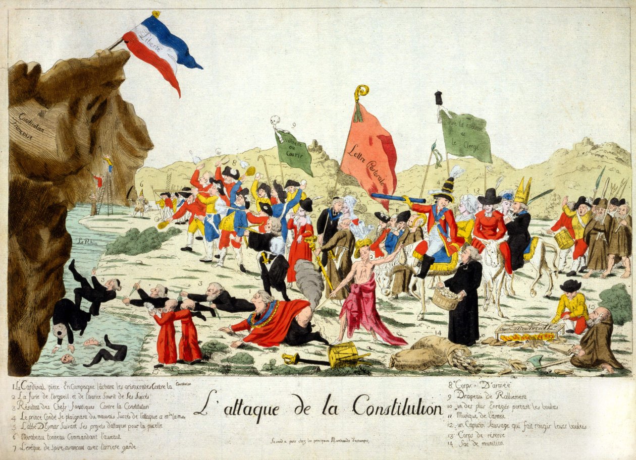 Desenho animado mostrando membros de vários grupos que atacam uma rocha, identificada como "Constituição Francesa", na qual a bandeira francesa repousa com a inscrição "Liberté". Os grupos são numerados e identificados abaixo da cópia. 1792 de French School