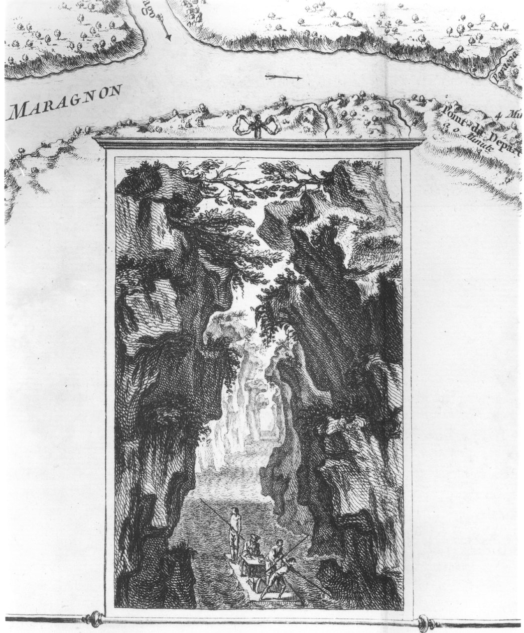Cartucho representando La Condamine na Amazônia, em um mapa chamado Mapa do detroit chamado Pongo de Manseriche no Maragnon ou no rio das Amazonas, ilustração da History of the Academy de French School