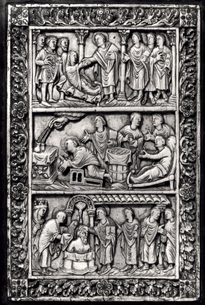 Placa esculpida para uma capa de livro com cenas da vida de São Remígio (c.437-533) e o batismo de Clóvis I (465-511) de French School