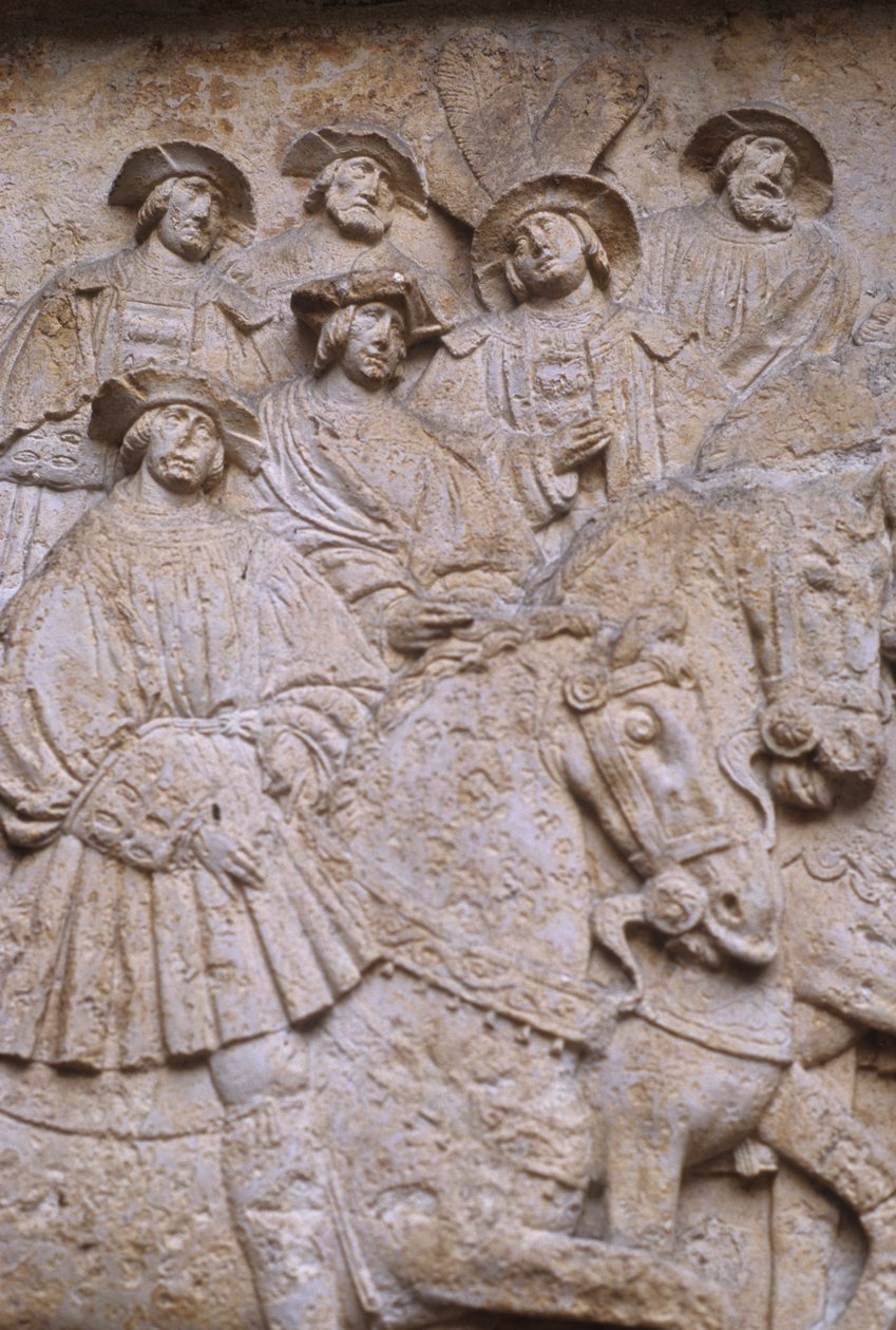 Relevo de pedra esculpida no pátio interno representando campo de pano de ouro, do Hotel de Bourgtheroulde, Rouen, Normandia, 1501-37 de French School