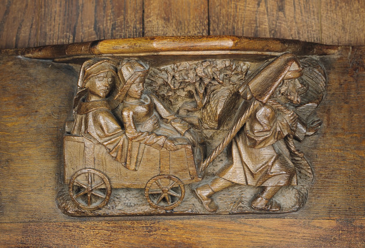 Escultura representando um casal em uma carroça puxada por um homem, de uma banca de coro (madeira) de French School
