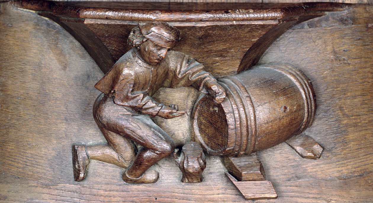 Escultura representando um homem colocando uma torneira em um barril, de uma tenda do coro da Abadia de St. Lucien em Beauvais (madeira) de French School