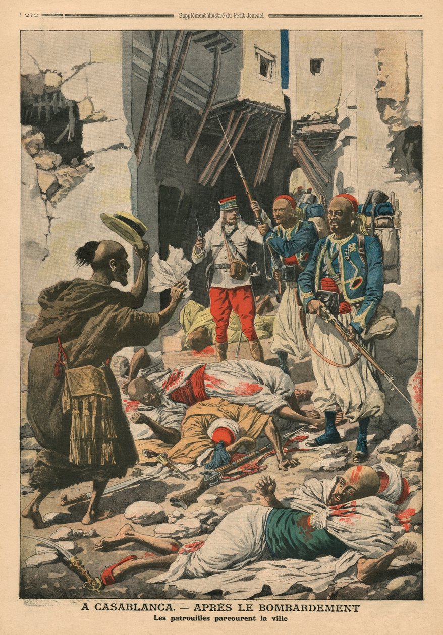 Casablanca após o bombardeio, ilustração de &39;Le Petit Journal&39;, suplemento ilustre, 25 de agosto de 1907 de French School