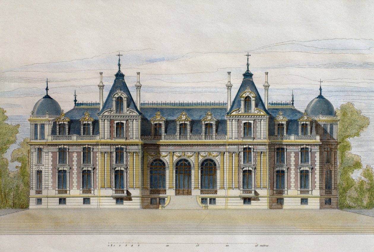Castelo de Neuflize, pertencente a Pate Brothers, fachada de jardim, ilustração de Le Moniteur des architectes, 1884, gravada por F. Penel (gravura de cor) de French School