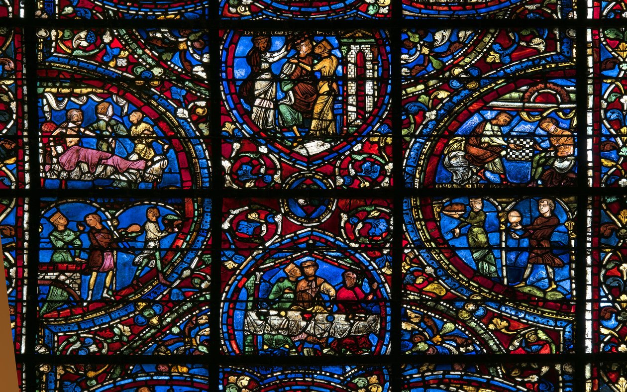 Cathedrale de chartres, vidro manchado: parábola do filho pródigo detalhe de French School