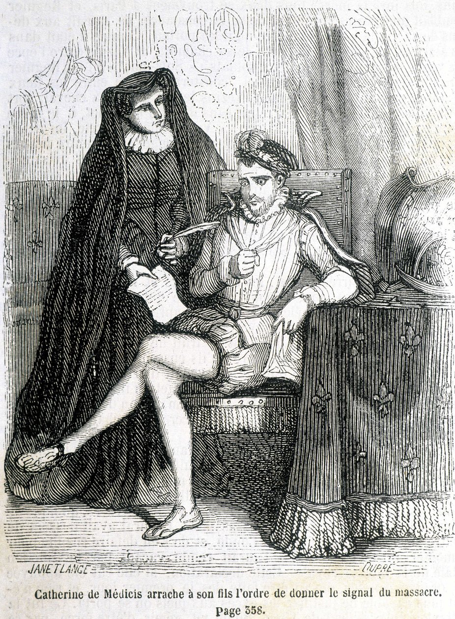 Catarina de Medici (Caterina de Medici) rasga de seu filho (Carlos IX) a ordem de dar o sinal do massacre de São Bartolomeu em 1572 - no "Histoire de France" de L.-P. Anquetil de French School