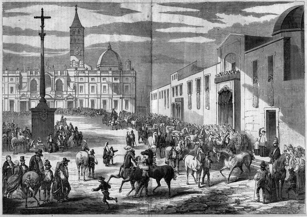 Festa católica - Santo António: bênção dos cavalos na praça da Igreja de Santa Maria Maggiore (Santa Maria Maggiore), Roma, Itália, Janeiro de 1859. Em frente à igreja, uma coluna de granito encimada por uma cruz (1595) comemorando a conversão de Henrique de French School