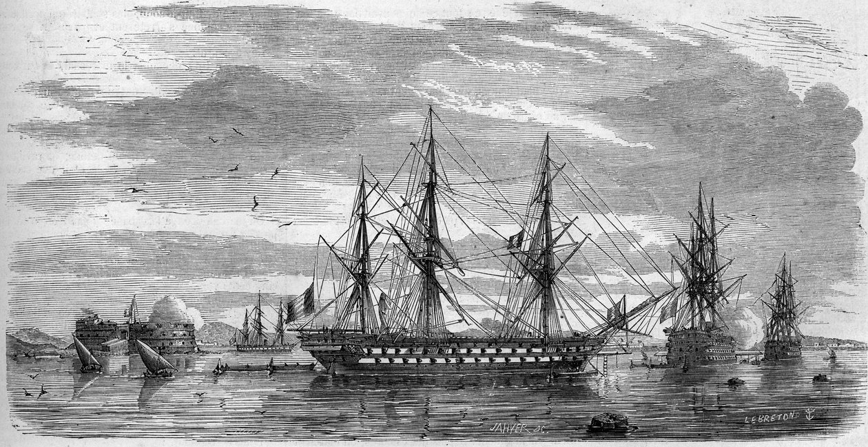 Festa católica: Sexta-feira Santa, em Toulon (Var, 83), em 1858. Os navios têm as suas varas em cruz e as suas bandeiras com meia adriça como sinal de luto. Gravura no "Le Monde Illustré" n°53 de 17 de Abril de 1858. de French School