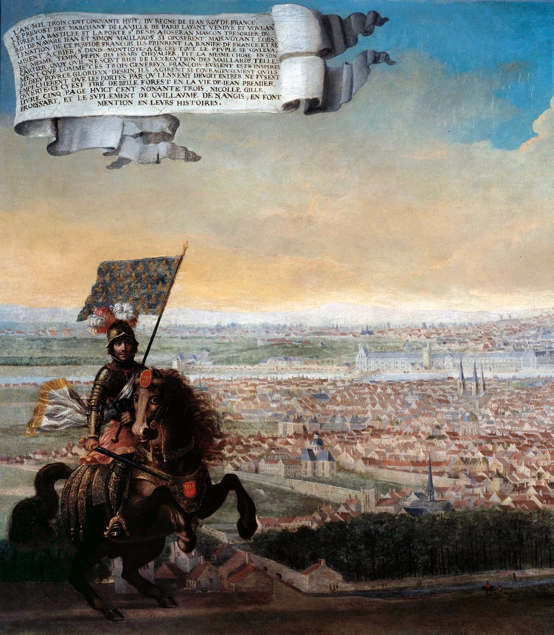 Vista de Cavaleiro de Paris do Faubourg Saint Jacques Comemoração da defesa de Paris pelo chanceler Pepin des Essarts após a traição de Etienne Marcel, em 1358. Detalhe. Pintura da Escola Francesa. 1640 Sol. 0,96x1,92 m Paris, Musee Carnavalet. de French School