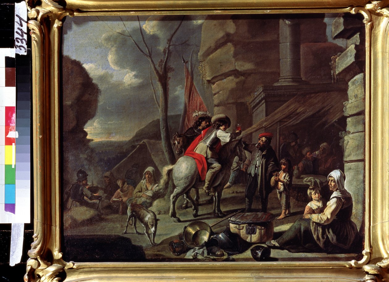 "Cavaleiros numa taberna" Os mendigos estão sentados em frente à entrada. Pintura da escola francesa da segunda metade do século XVII. Museu Pushkin, Moscovo de French School