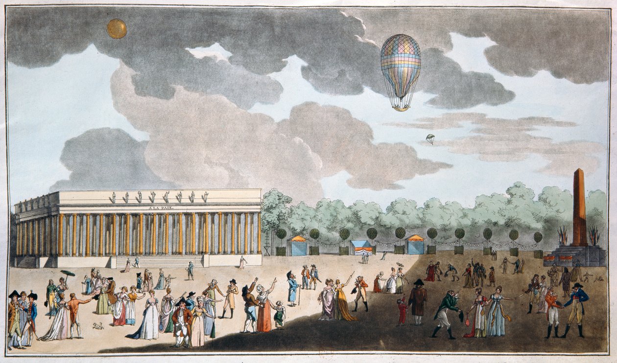 Celebração do Dia da Bastilha, 14 de julho na Champs Elysees, Paris em 1801 (aquatinta colorido à mão) de French School