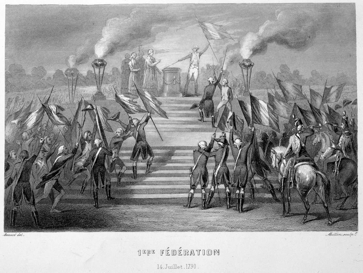 Celebração da 1ª Federação Nacional em 14 de julho de 1790 no Altar da Pátria em Champs-de-Mars, por ocasião do 1º aniversário da captura da bastilha - em “Fasttes de Gardes nationales de France” ” de French School