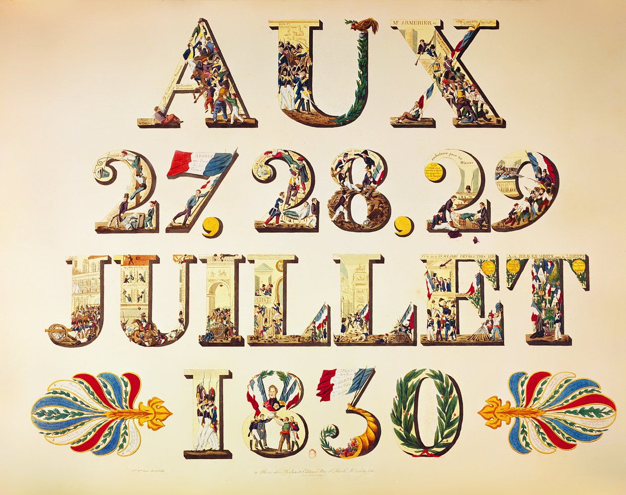Celebração dos Três Dias Gloriosos, 27, 28 e 29 de julho de 1830 (gravura a cores) de French School