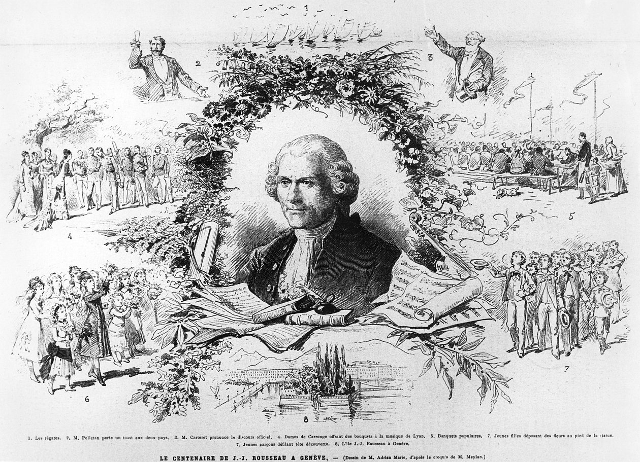 Celebrações em Genebra para celebrar o centenário da morte de Jean-Jacques Rousseau, ilustração do Le Monde Illustree de 1878 de French School