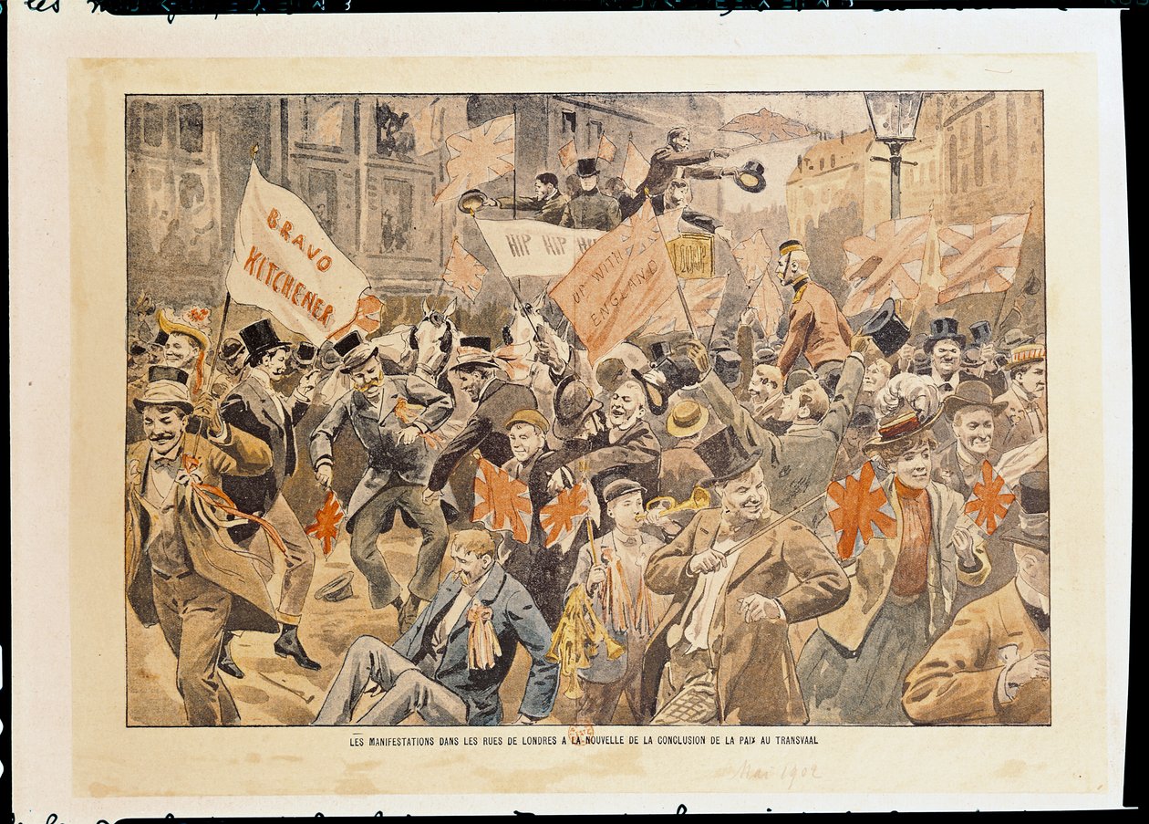 Celebrações nas ruas de Londres na sequência da notícia da conclusão da paz no Transvaal, Maio de 1902 (impresso) de French School