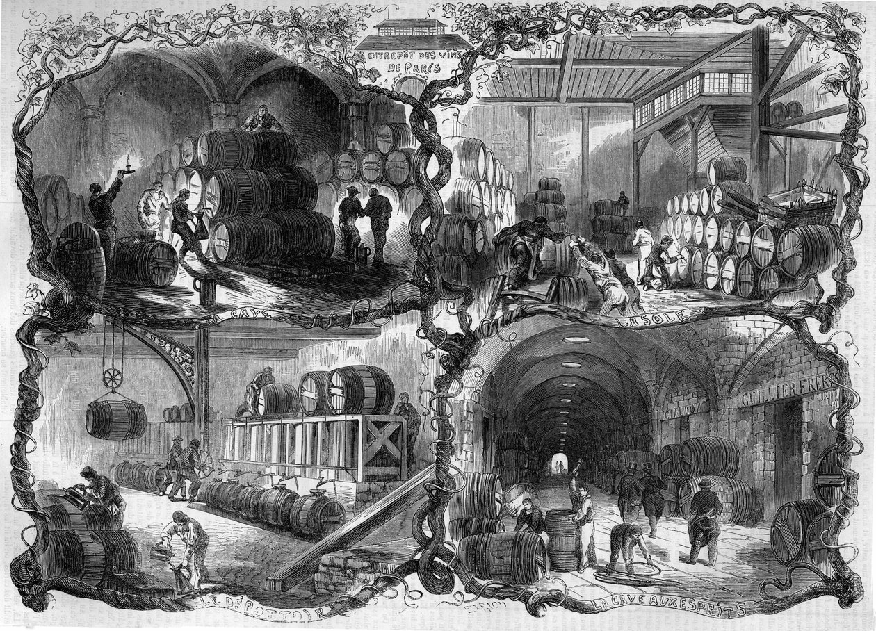 Caves do Warehouse des vins et des eaux de vie (eaux-de-vie) em Paris; 1858. Gravura em "Le Monde Illustré" n°46 de 27 de Fevereiro de 1858. de French School