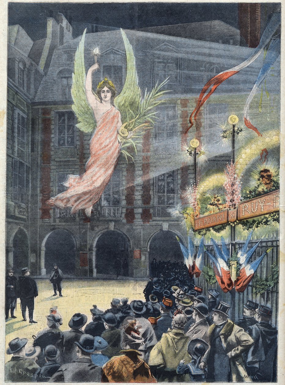 Celebração do centenário do nascimento do escritor francês Victor Hugo (1802-1885): o génio de Renommee descendo sobre a casa do poeta, Place des Vosges em Paris, em "Le Petit Parisien". de French School